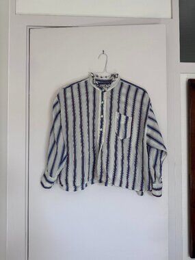 Isabel Marant Etoile Striped Ruffle Collar Blouse White Blue Top FR 34